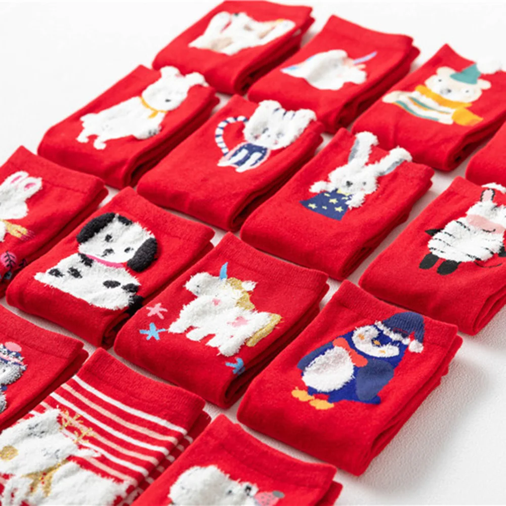 Animal cotton socks printed with cute socks in the tube cartoon red Christmas atmosphere