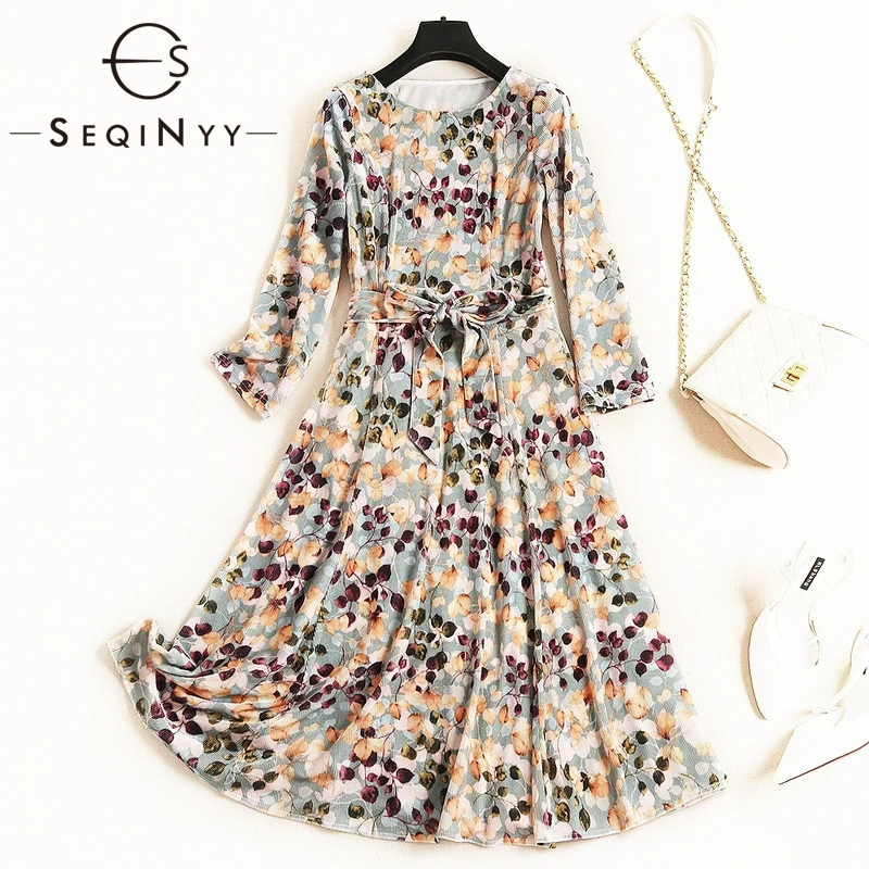 

SEQINYY Autumn Dress 2020 Spring New Fashion Design 3/4 Sleeve Flowers Printed Corduroy Light Green Knee Casual Dress Women
