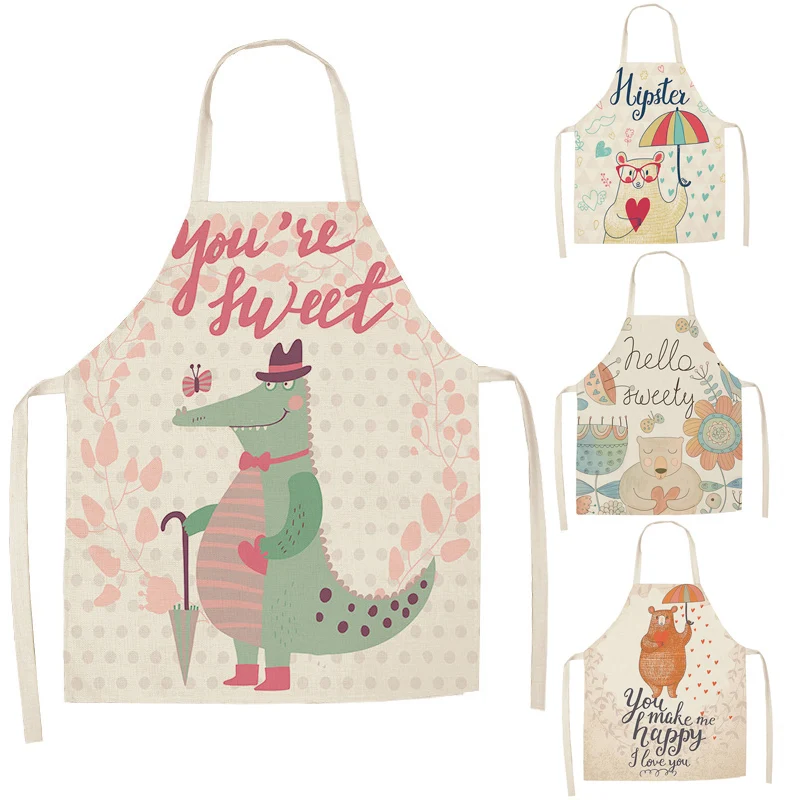 

Kitchen Aprons Unisex Linen Animal Seris Bear Crocodile Print Dinner Cooking Bib Funny Pinafore Cleaning Apron