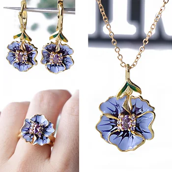 

Elegant Flower Bud Yellow Gold Wedding Engagement Rings Earring Necklace sets for Women Exquisite Handmade Purple Enamel Jewelry