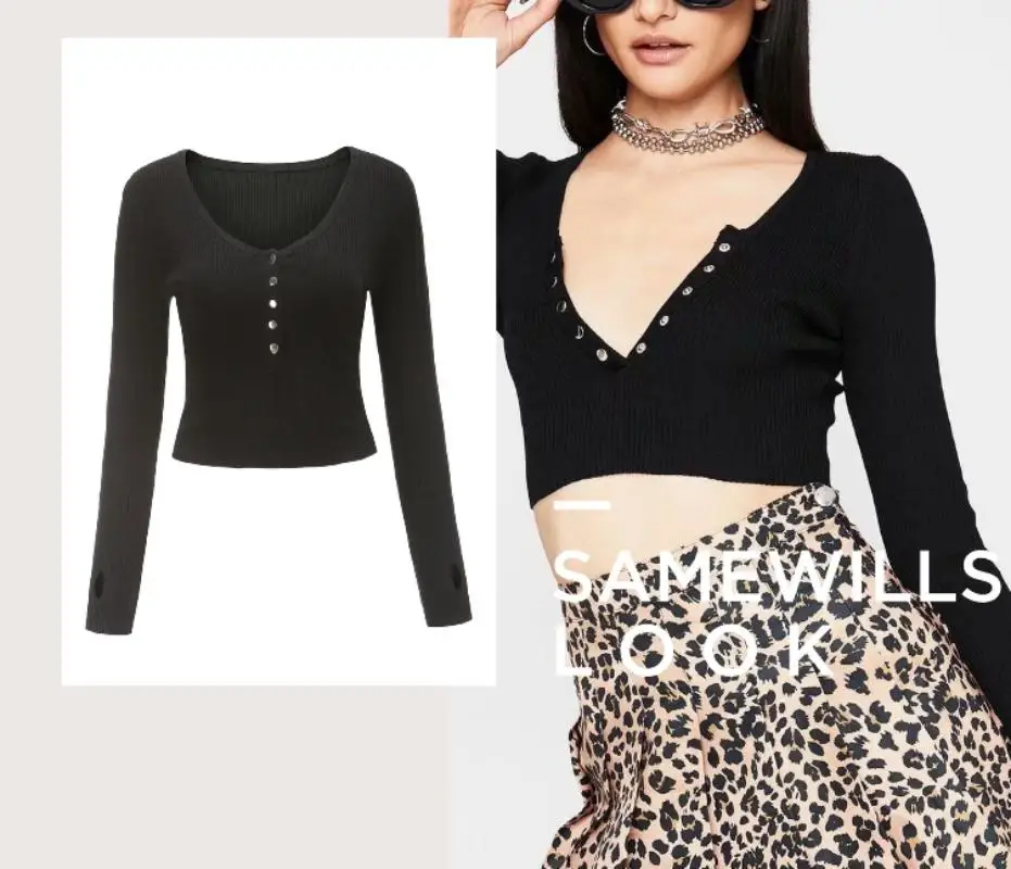 Женский свитер с длинным рукавом и глубоким V-образным вырезом черные короткие