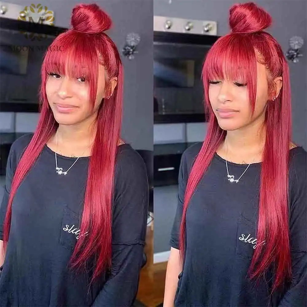 

Wig With Bangs For Black Women Red Lace Front Human Hair Wigs Colored Bang Wig Human Hair Virgin 99j Burgundy Lace Front Wig