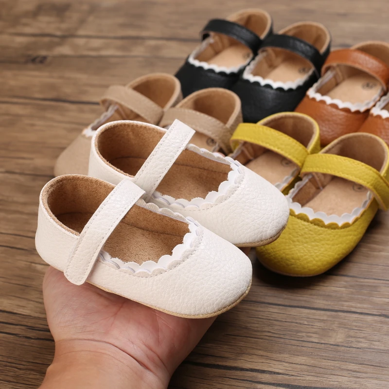 Infant Newborn Baby Girls Princess Non-Slip Floral Border Shoes Toddler Baby Soft PU Leather Prewalker Shoes Solid First Walkers