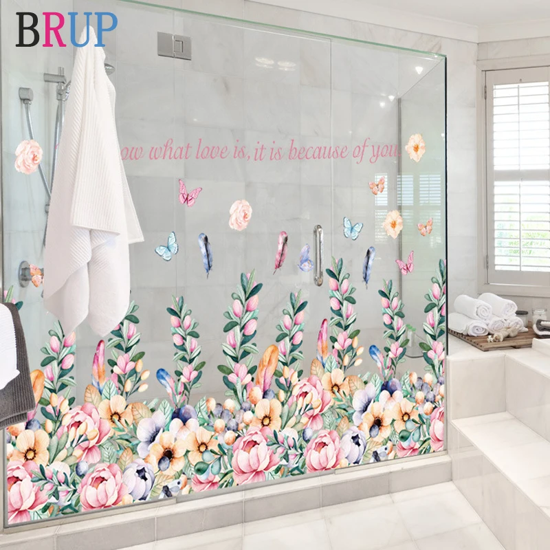 

92*53cm Romantic Flowers Wall Sticker Colorful Plant Baseboard Decoration Beautiful Butterfly Home Docor for Bathroom Bedroom