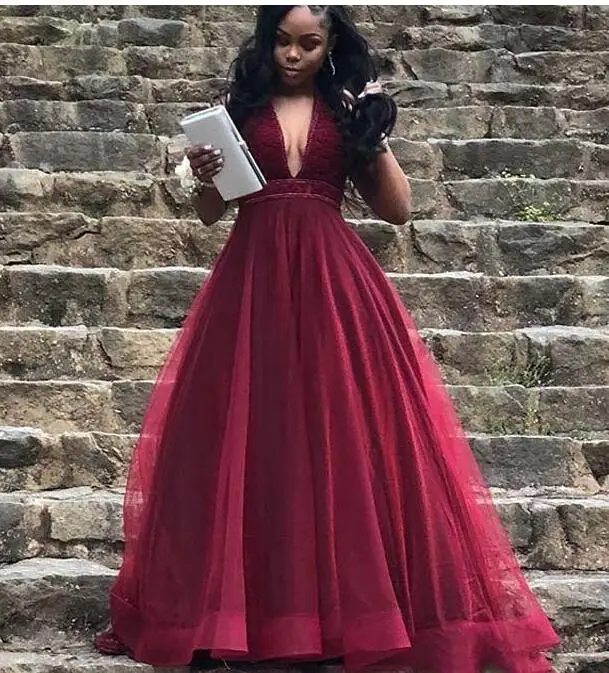 picture burgundy New Sexy Deep V Neck Burgundy Prom Gowns Sleeveless A Line Tulle Party Dress Floor Length Evening Gowns Custom Made - Цвет: picture burgundy