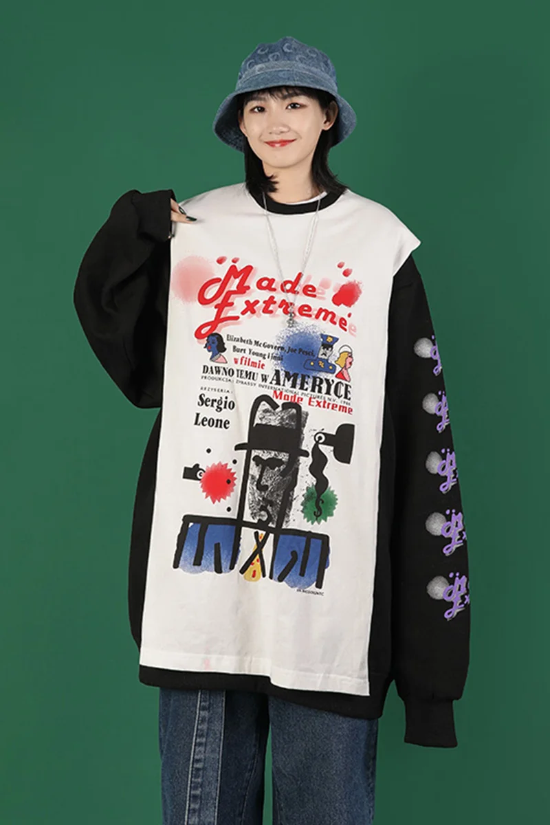 Fake two pieces of graffiti loose sweatshirts women's hoodie new Korean version lazy clothes fashion top sweatshirt
