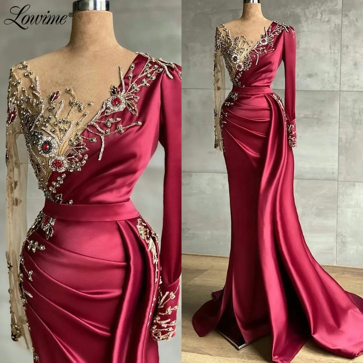 Lowime Arabic Crystal Beaded Mermaid Evening Dresses 2022 Plus Size