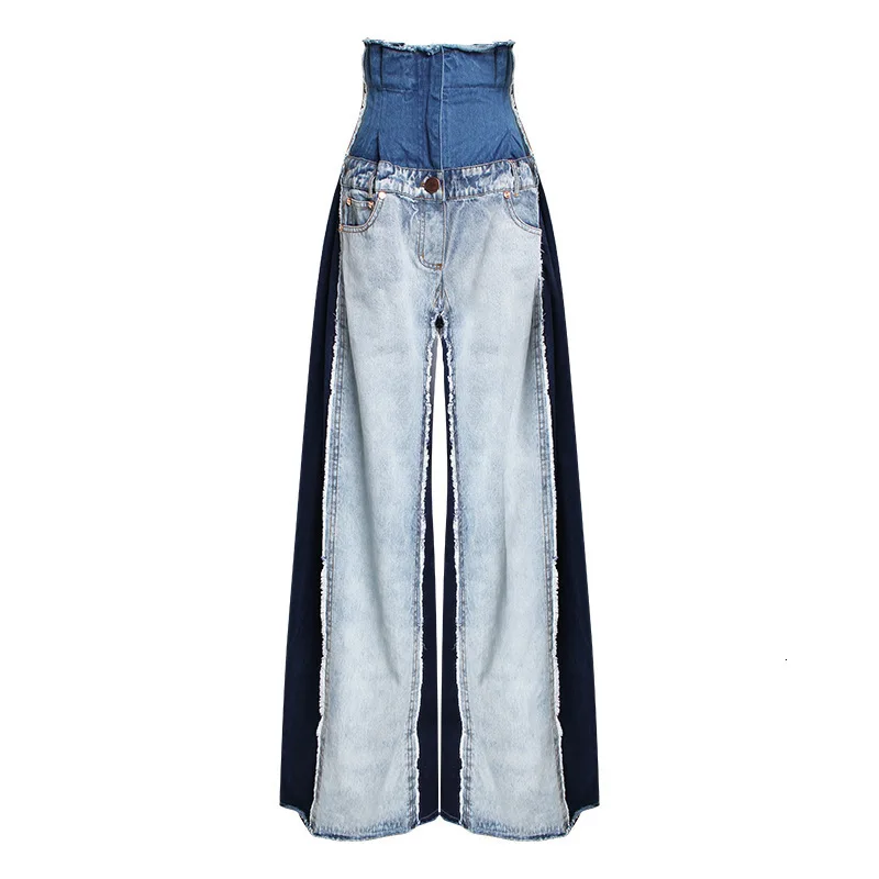 [EAM] Новинка Весна Лето Высокая талия Свободные хит цвет деним карман синие длинные широкие брюки джинсы женские брюки Мода JR841