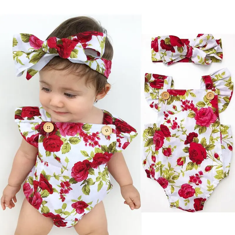 Комплект одежды с цветочным принтом для новорожденных; коллекция года; Одежда для маленьких девочек; комбинезон с цветочным рисунком; Боди без рукавов+ повязка на голову; Летний стиль