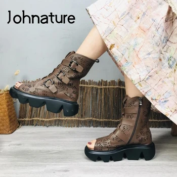 

Johnature Women Sandals 2020 New Summer Women Shoes Genuine Leather Casual Zip Retro Roman Style Leisure Platform Ladies Sandals