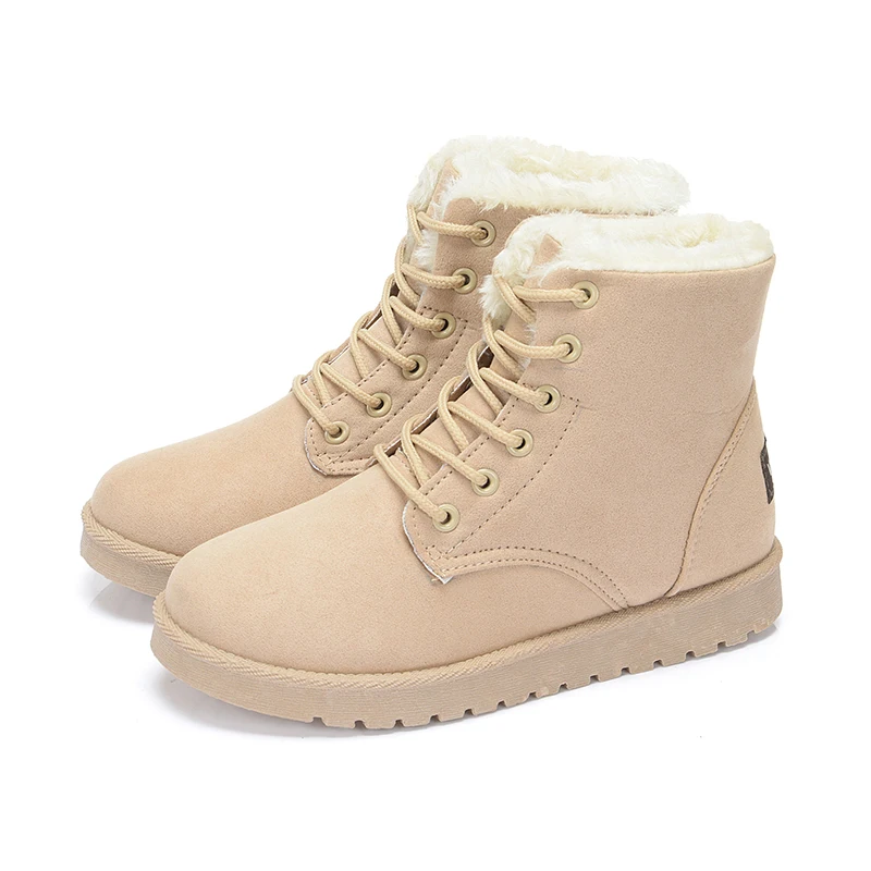 ERNESTNM Snow Boots Casual Ankle Booties Ladies Cotton Winter Female Warm Plush Fur Women Shoes Lace Up Flock Red Botas - Цвет: Beige