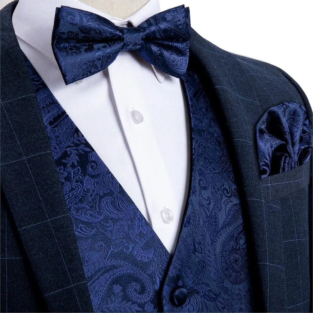 

Men's Navy Blue Paisley Silk Wedding Waistcoat Vest For Men Bowtie Hanky Cufflinks Cravat Set for Suit Tuxedo DiBanGu MJ-120