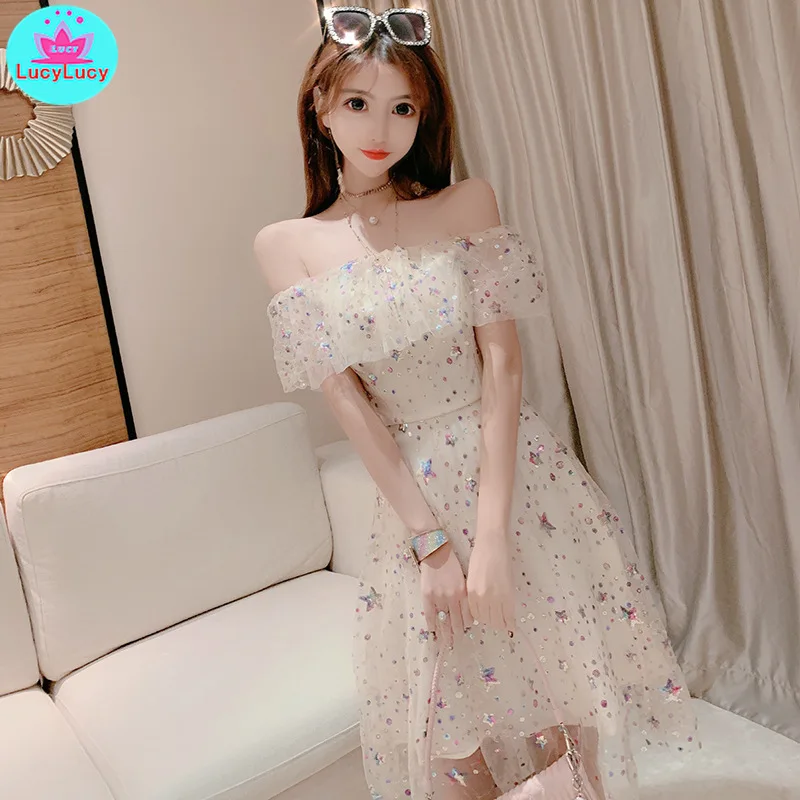 

2019 new sexy off-the-shoulder ruffled word collar waist shiny dress Knee-Length Spaghetti Strap Zippers