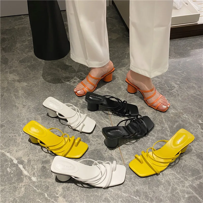 MONMOIRA Vintage Square Toe Narrow Band Women Sandals Med Heel Solid Slipper Elegant Summer Shoes SWC0862 | Обувь