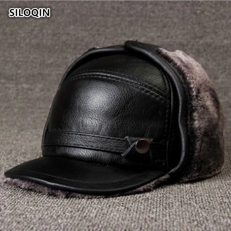 

SILOQIN winter Genuine Leather hat Middle old aged Men Thicken warm First layer cowhide Bomber hats Earmuffs Windproof Bone cap