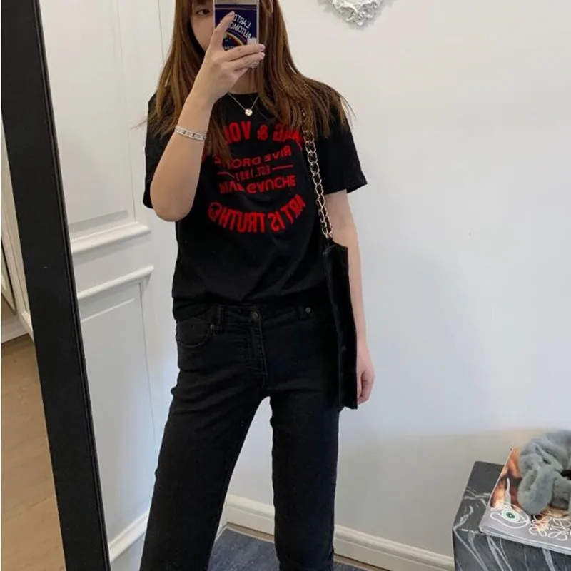 

2020 Women Summer Black T Shirt Short Sleeve Letter Print Cotton Casual Spring T-shirt