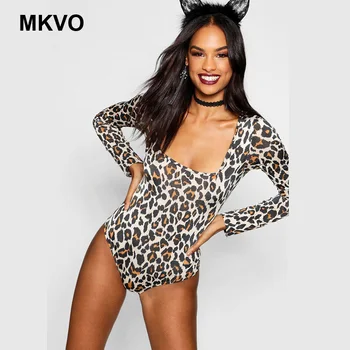 

Women's Leopard Bodysuit Square collar Sexy Bodycon Long Sleeve rompers womens jumpsuit Autumn And Winter Plus size