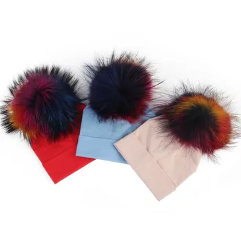 

Newborn Kids Warm Plain Cotton Skullies Beanie Hat Baby Cotton Beanies Hats Caps with Real Fur Raccoon Pompom for Girls Boys