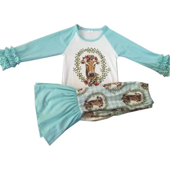 

long sleeve ruffle outfits with cow pattern long belll set cute girls design
