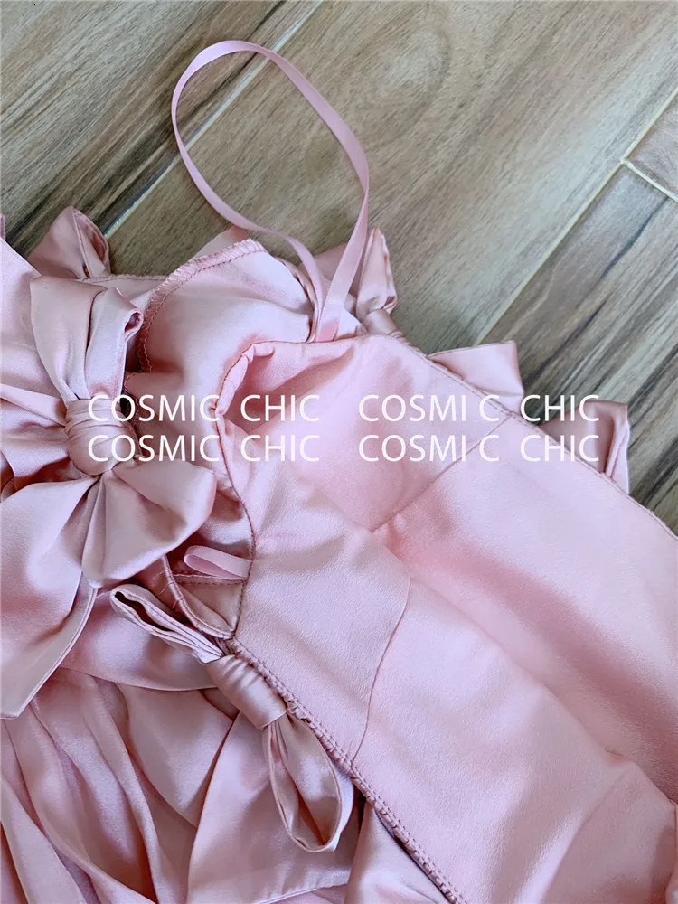 Cosmicchic элегантные сексуальные нестандартные платья с бантом и открытыми плечами, мини платья для вечеринок, косой воротник, фонарь, длинный рукав, облегающее розовое платье
