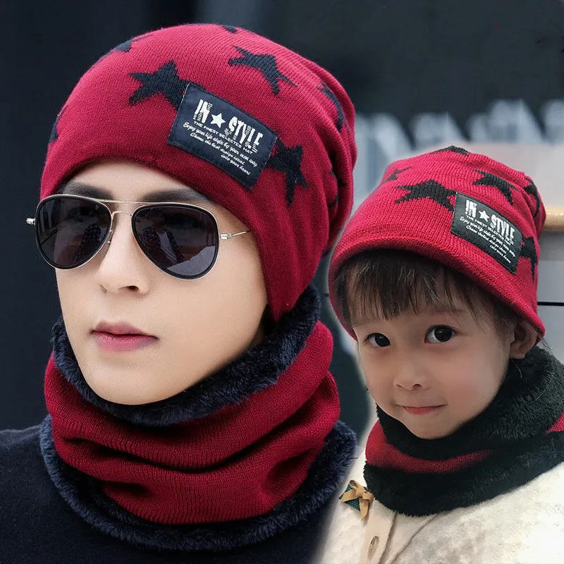

New Winter Knit Beanie Scarf Set Pentagram Parent-Child Warm Soft Cap Neck Scarf for Adults Kids Beanies Hat Bonnet Scarf Set