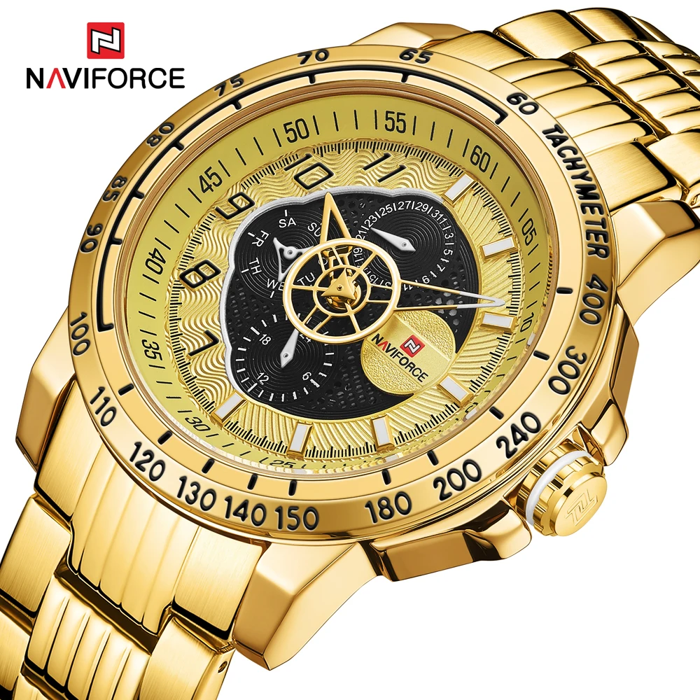 NAVIFORCE новые модные мужские часы золотые кварцевые наручные часы мужские многофункциональные золотые наручные часы Мужские часы Relogio Masculino