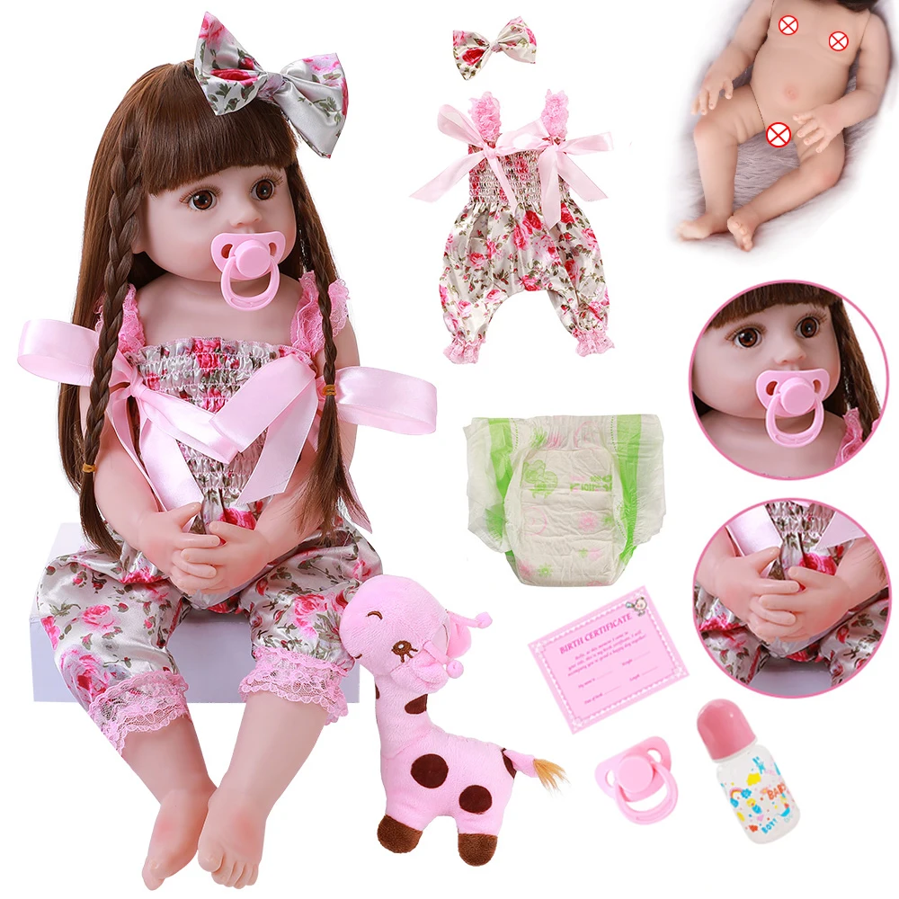 

22 inch 56cm All Silicone Rebirth Floral Suspenders With Short Hair Straight Bend Baby Toy Doll Bath Toy