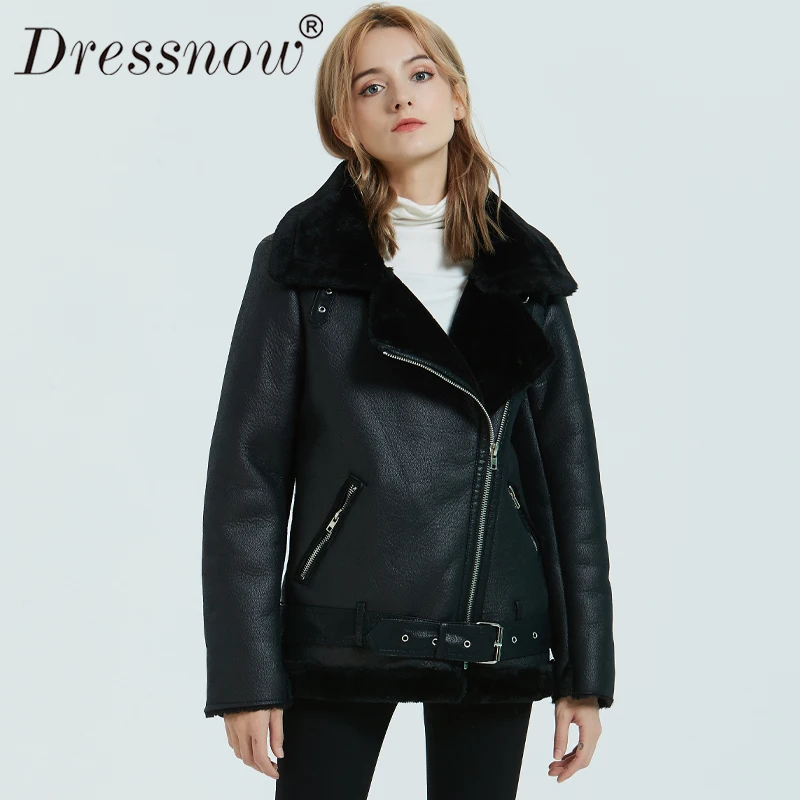 Dressnow Женское зимнее плотное пальто Дамская мода PU мотоциклетная кожаная женская черная Теплая Бархатная Свободная куртка
