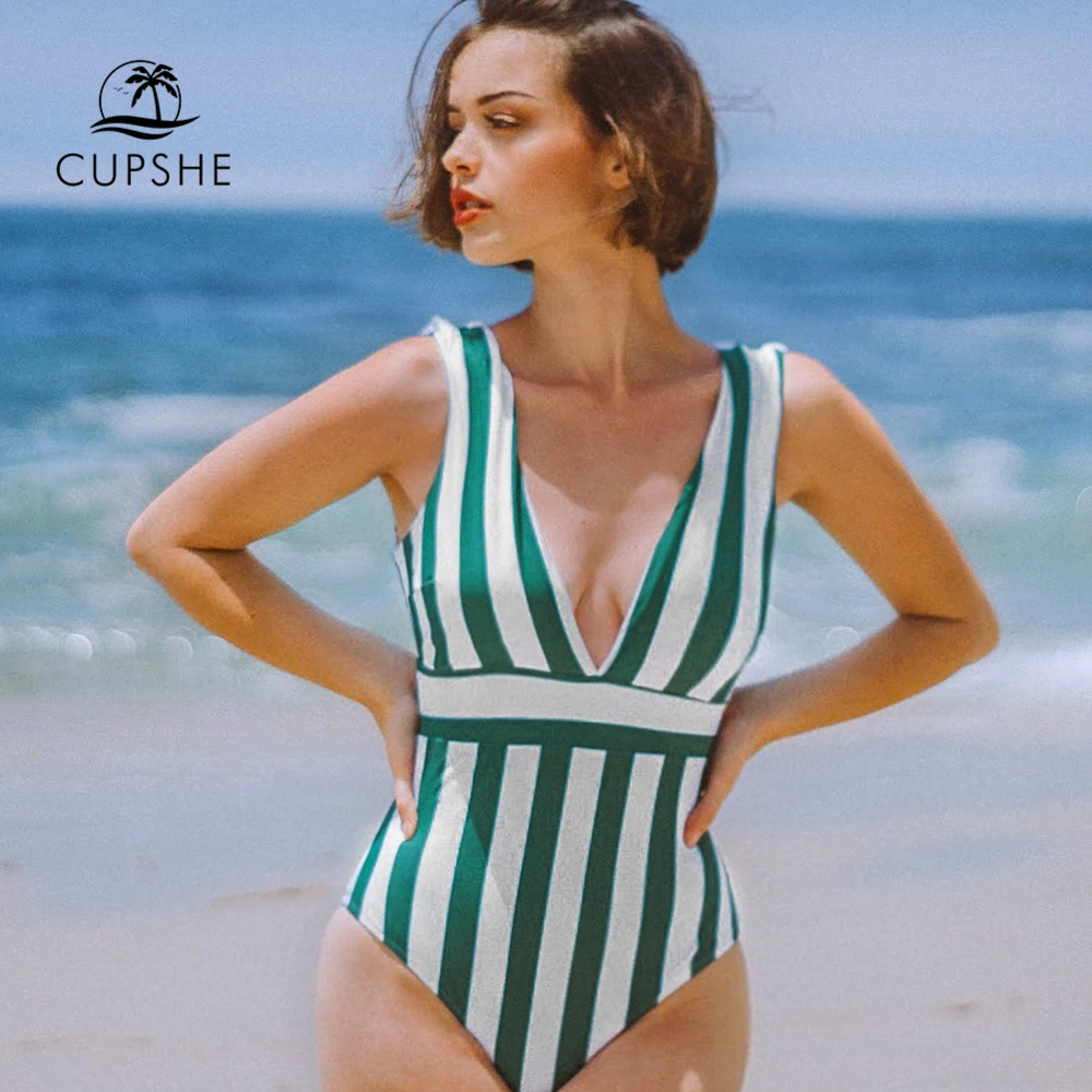 CUPSHE Цельный купальник в зеленую и белую полоску женский сексуальный Монокини с