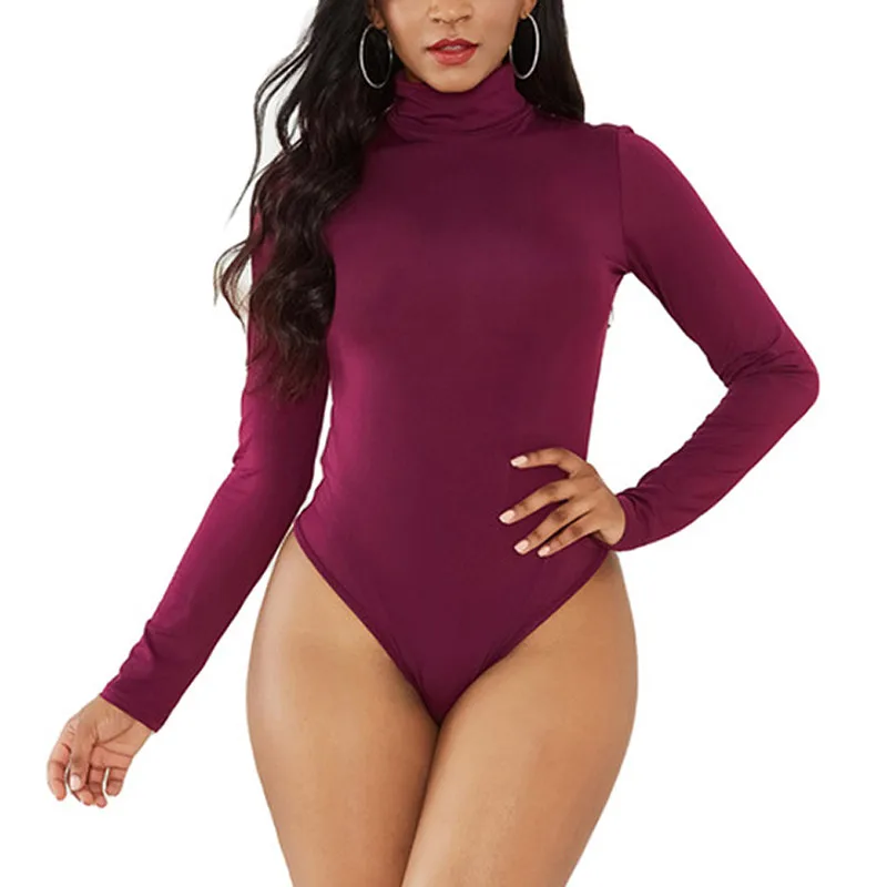 wine red bodysuit Женское сексуальное боди с длинным рукавом на осень и зиму, Женское боди с высоким воротом, женский сексуальный комбинезон, облегающий модный однотонный боди - Цвет: wine red bodysuit