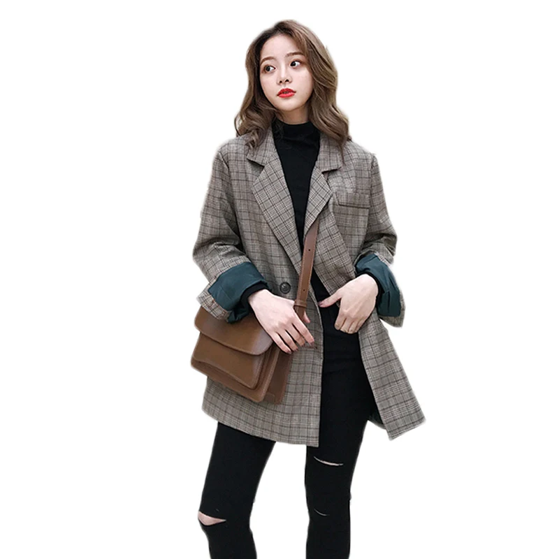 Plaid Vintage Ladies Blazer Casual Loose Long Sleeve Suit Jacket Stylish Simple Korean Spring Autumn Women's Clothing MM60NXZ