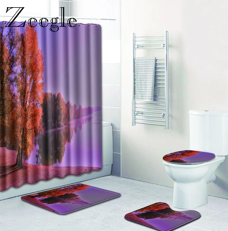 Zeegle 3d Pattern Bath Shower Curtain Set Pedestal Rug Toilet Seat Cover Bathroom Foot Rug Washable Floor Mat Modern Carpet