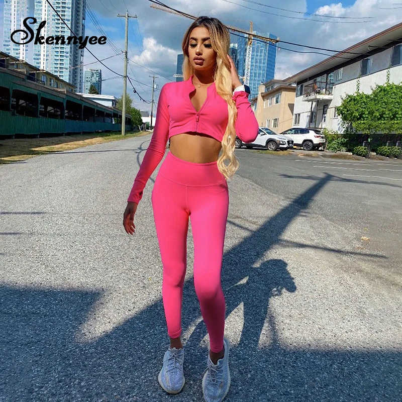 

Skennyee Autumn Fashion Zip Up Hoodie Set Tracksuit Solid Street Gym Running Skinny Long Sleeve Sport Casual Suit Women