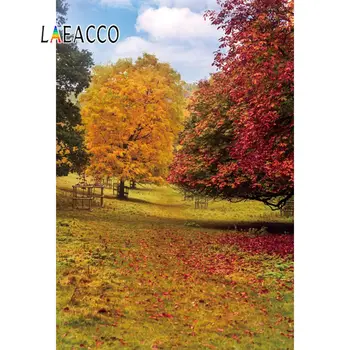 

Laeacco Autumn Backdrops Tree Yellow Maples Grass Park Sky Natural Scenic Photography Background Photocall Photo Studio