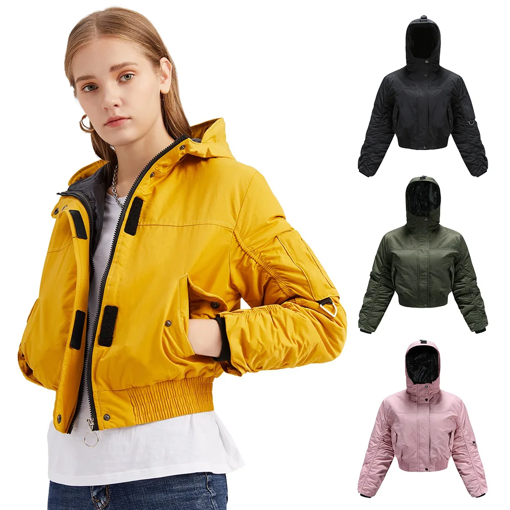 

Winter Cotton Hooded Short Bomber Crop Puffer Jacket Women Casual Bomber Jacket Women Long Sleeved Yellow Overcoat K690