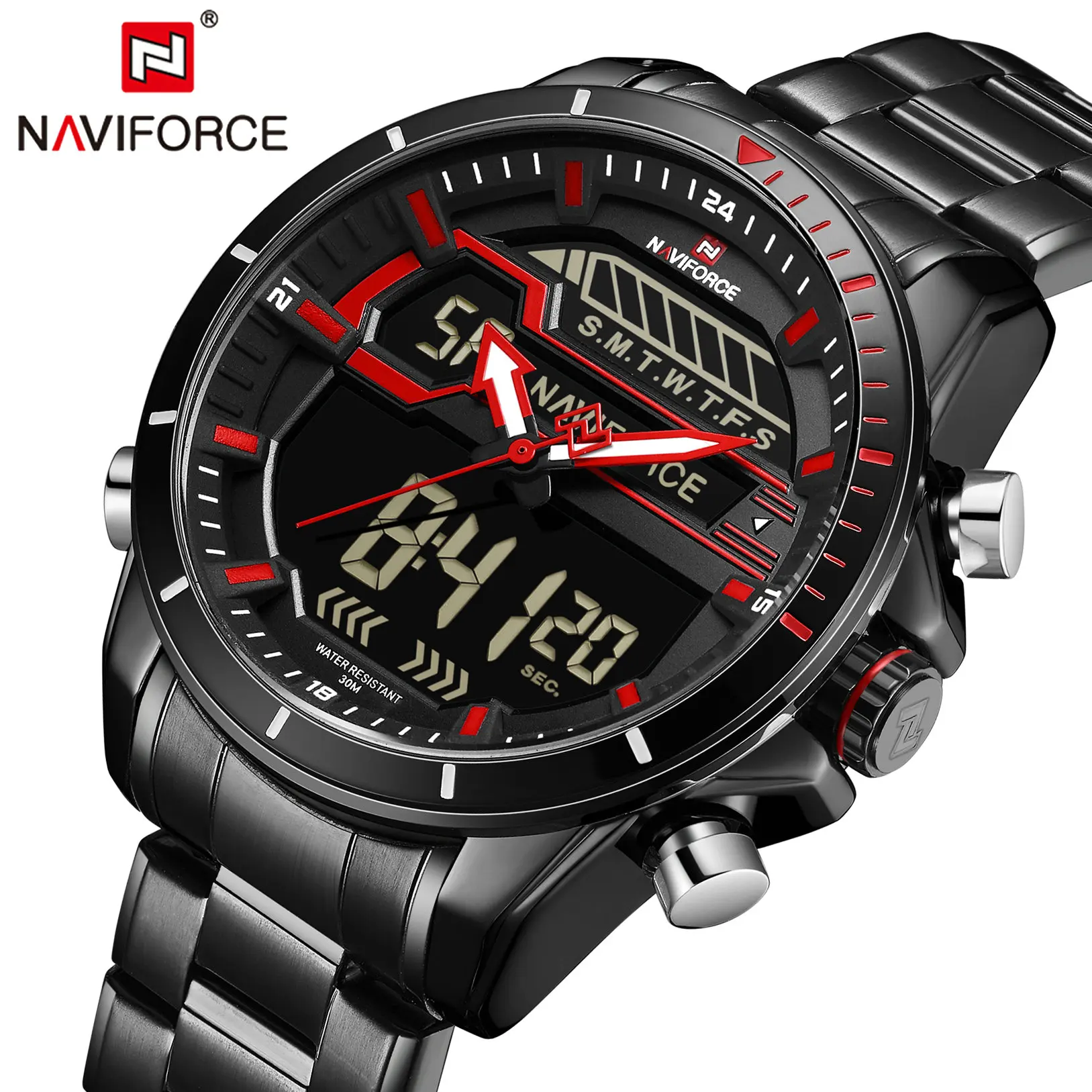 

NAVIFORCE Military Dual Time Quartz Watch Men Black Steel Strap Fashion Sports Digital Mens Watches Top Brand Luxury Hot Clock
