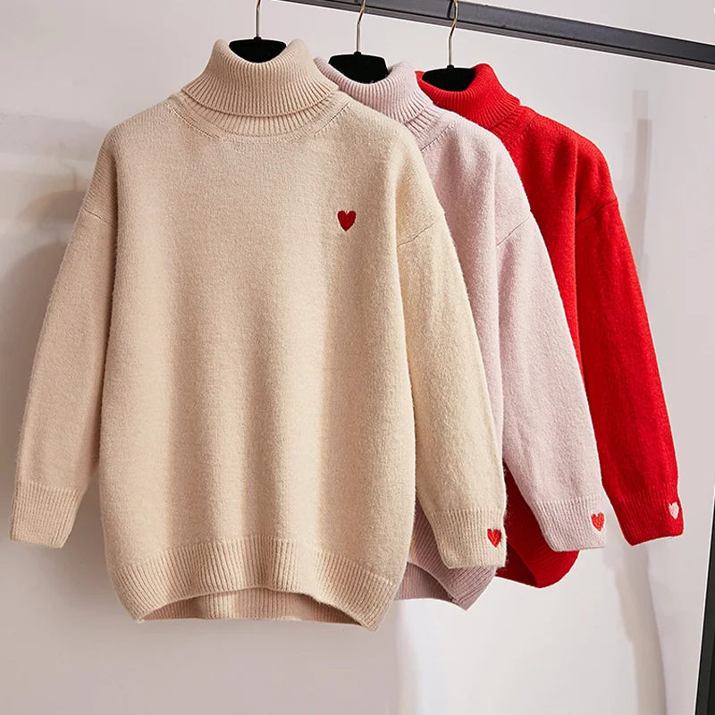 

Casual Loose Thick Section Turtleneck Knitted Women Sweater Pullover Autumn Winter Female Solid Color Love Embroidery Pink Tops