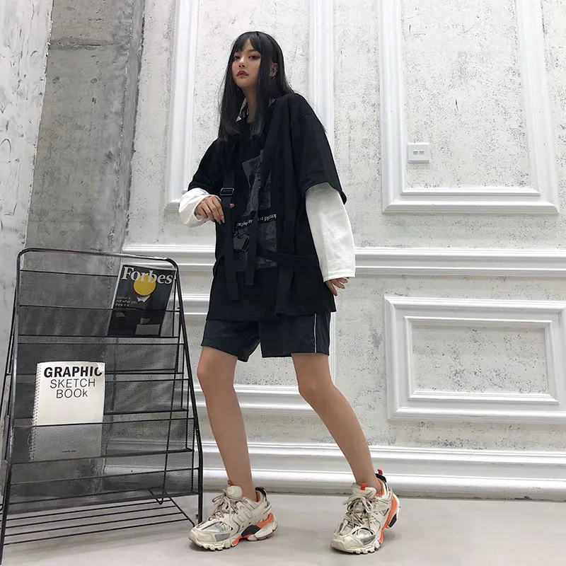 Woherb, новинка, весна-осень, футболка с принтом для женщин и мужчин, Harajuku, поддельные топы из 2 частей, с ремнем, в стиле ретро, черные, серые футболки