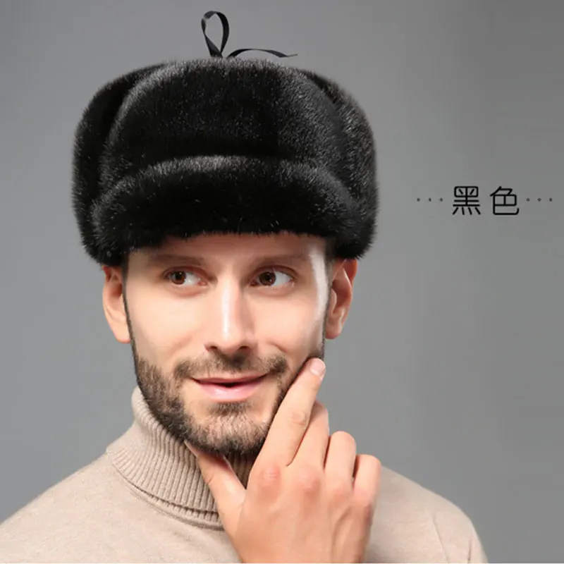 YECHNE Man зимняя русская стильная ушанка из натурального меха норки шапка-ушанка утепленная кожаная теплая наружная шапка - Цвет: Brown