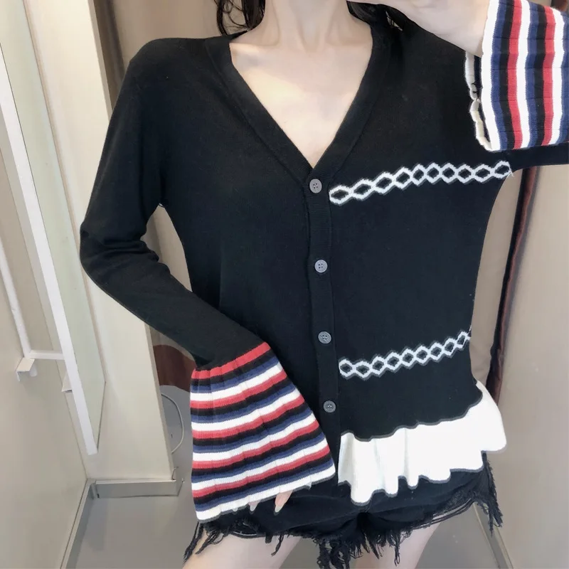 

New Sweaters In Early Autumn of 2019 Retro Style Westernized Knitted Sweaters Cardigans V-Neck black Cardigans Women Sweaters