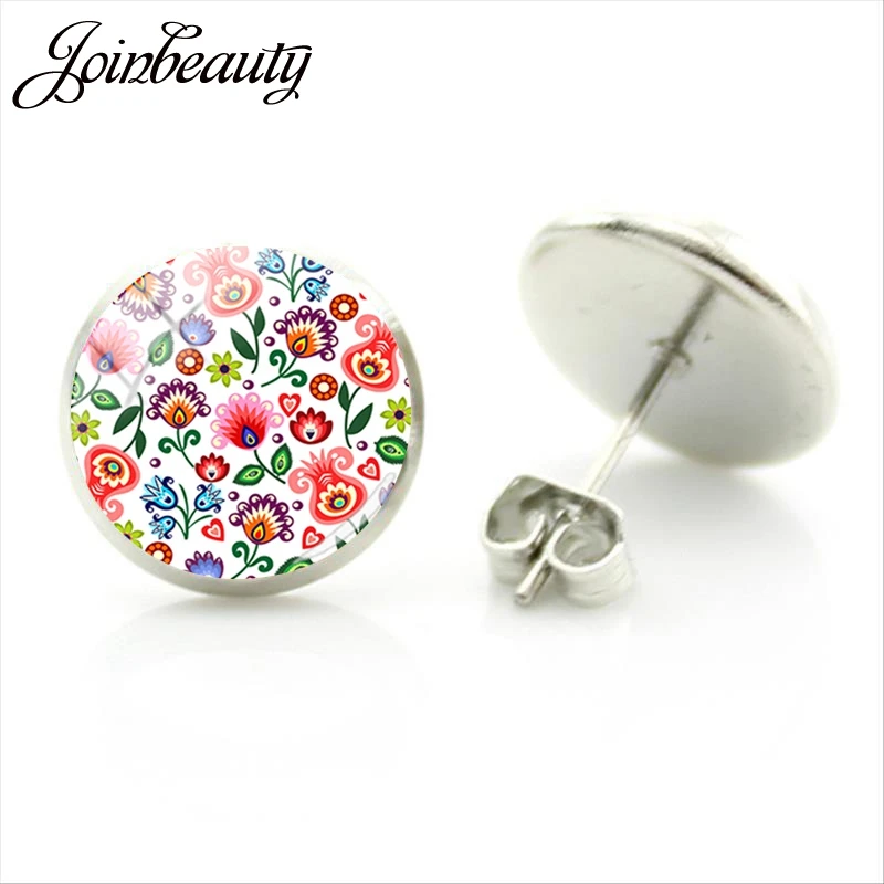 

JOINBEAUTY Polish Folk Flower Printing Stud Earrings Glass Cabochon Metal Silver Color Earring Christmas Gifts For Women PF32