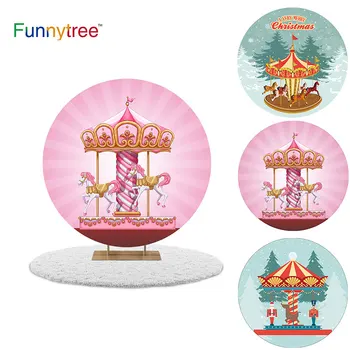 

Funnytree Carousel Round Background Girl Birthday Party Decor Circle Backdrop Kids Playground Horse Table Pink Cover Photography