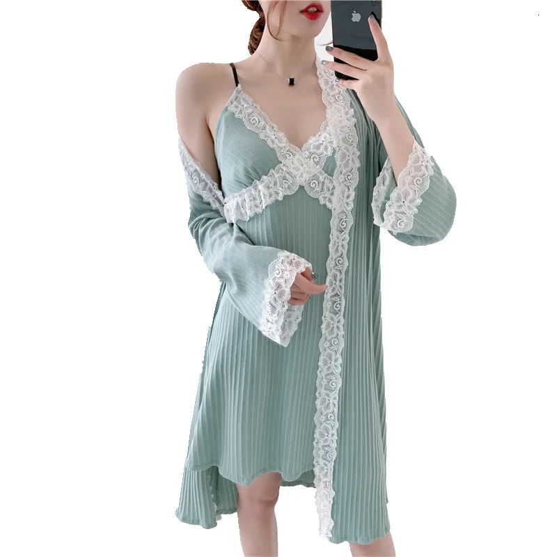 

Autumn New Pure Cotton Women Robe Set Lace Sexy With Chest Pad Spaghetti Strap Cardigan Twinset Bathrobe