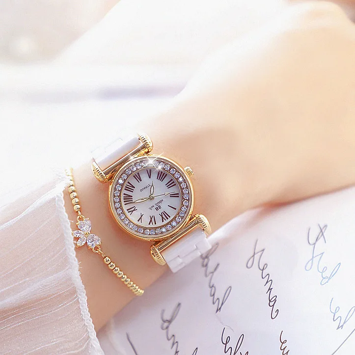 

BS New Style Diamond Watch Hot Selling Waterproof Top Grade Ceramic Chained List Customizable Crystals Waterproof WOMEN'S Watch