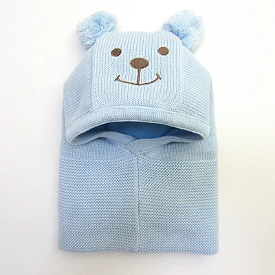 Детская зимняя шапка, теплая вязаная детская шапочка для девочек и мальчиков, шапка с помпоном, шарф, теплая флисовая подкладка, милые детские шапки с медвежьими ушками - Цвет: Blue Baby hat