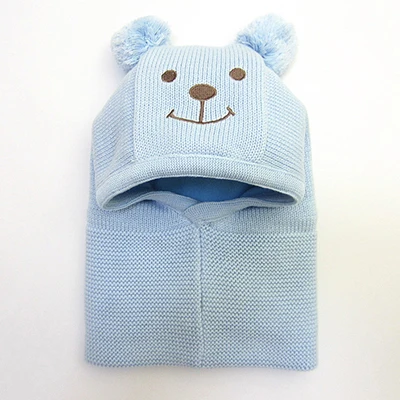 Blue Baby hat Детская зимняя шапка, теплая вязаная детская шапочка для девочек и мальчиков, шапка с помпоном, шарф, теплая флисовая подкладка, милые детские шапки с медвежьими ушками - Цвет: Blue Baby hat