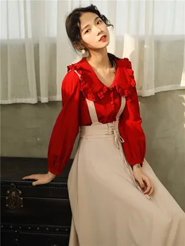 

Fashion Loose 2019 Casual 2 Pcs Set A-line Single Breasted Korean Two Piece Set Vintage Brief Peter Pan Collar Women Clothes