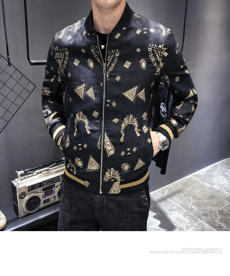 Жаккардовые куртки для мужчин s Slim Fit куртки Черное золото печатных пальто мужская стильная одежда золотые Печатные шикарные куртки барокко мужчин