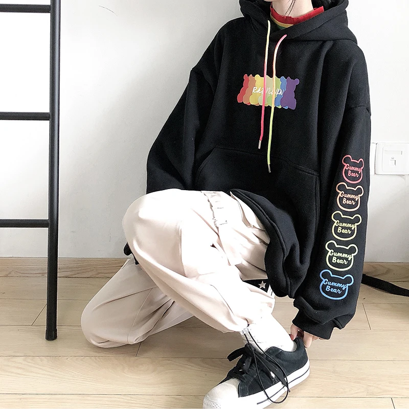 Black Hirsionsan Толстовка с принтом радуги и букв для женщин Kawaii Harajuku Пуловеры утолщенная теплая уличная одежда толстовки Одежда больших размеров - Цвет: Black