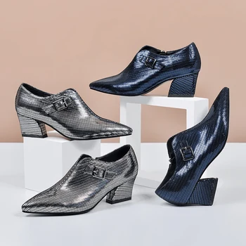 

Women's genuine leather thick high heel pumps pointed toe elegant ladies comfortable OL style heeled shoes metal buckle shoes